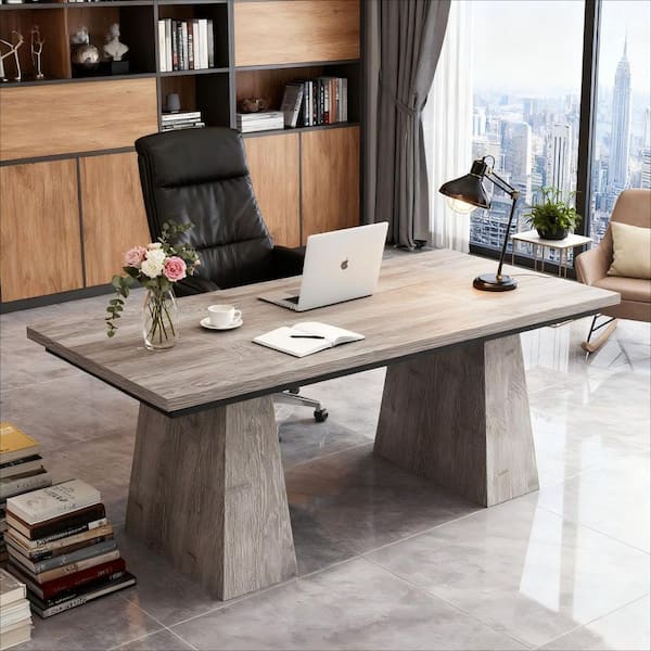 63 in. Gray Rectangle Wood Executive Desk, Large Modern Farmhouse Computer Desk for Home Office, Office