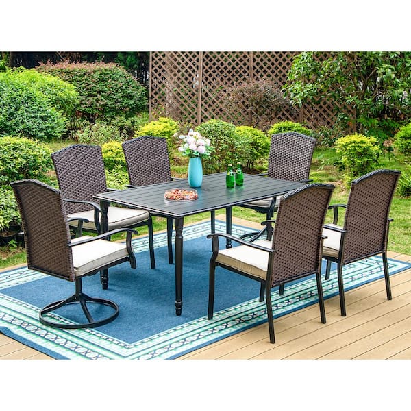 PHI VILLA Black 7-Piece Metal Patio Outdoor Dining Set with Slat Table and Rattan Chairs with Beige Cushion