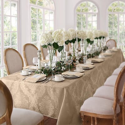 60 in. W x 144 in. L Beige Elrene Barcelona Damask Fabric Tablecloth