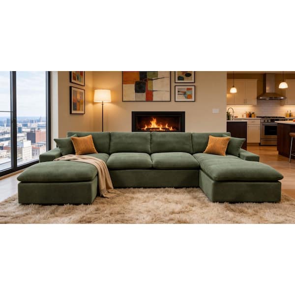 Phoebe 144.5 in. Square Arms Polyester Blend Modular Compressed Sectional Sofa in Dark Green with Chaise,Storage Pocket