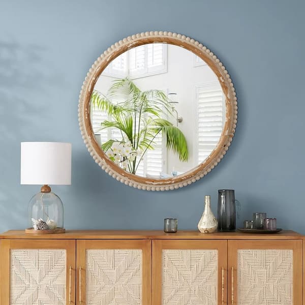 27 in. W x 27 in. H Round Antiqued Wood Finish Framed with White Beaded Accent Wall Mirror