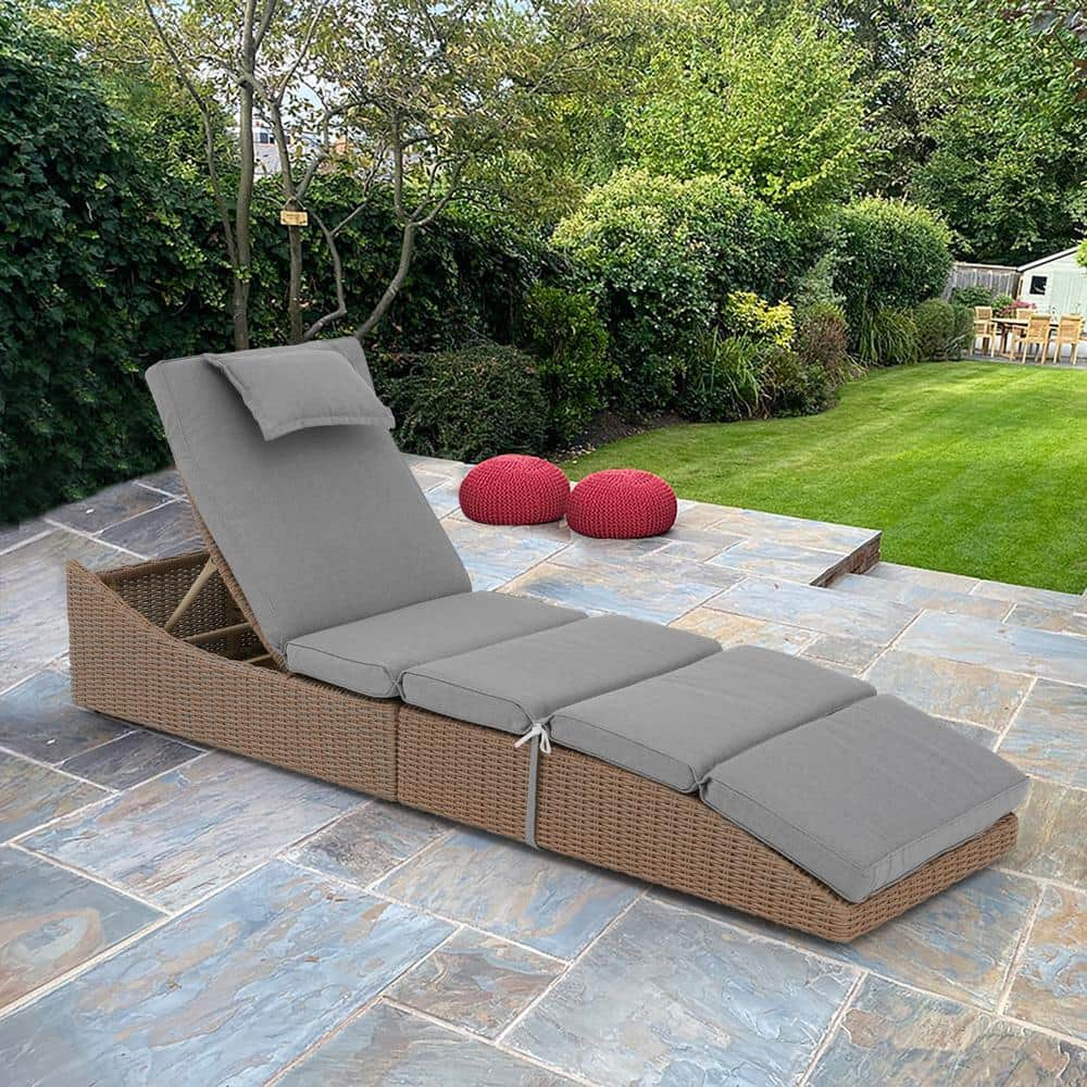 Yangming 1-Piece Natural Wicker Outdoor Chaise Lounge Recliner Foldable with Gray Cushions and 5 Adjustable Angle