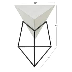 17 in. White Inverted Pyramid Geometric Large Triangle Wood End Table with Black Metal Stand