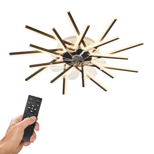 PUDO 36 in. Unique Modern Indoor Black Ceiling Fan with Lighting Flush Mount with Dimmable and Reversible Blades