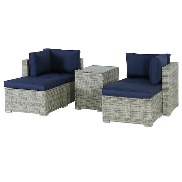 Tenleaf 5-Piece Gray Wicker Outdoor Patio Sectional Sofa Conversation Set with Blue Cushions