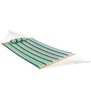 12 ft. Double Quilted Fabric Hammock with Spreader Bars and Detachable Pillow in Green/Blue Stripe 2-Person Hammock