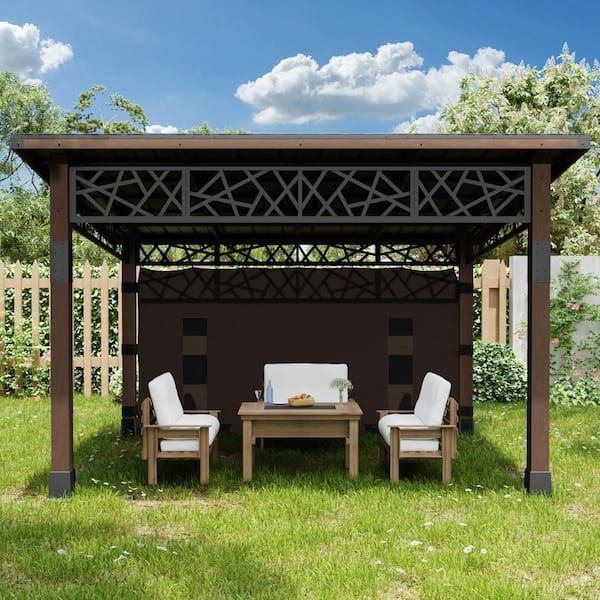 14 ft. x 12 ft. Outdoor Solid Wood Patio Hardtop Gazebo with Storage Curtain, Ceiling Hook and Black Galvanized Roof