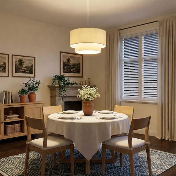 Modern 20 in. 3-Light Drum Chandelier Hanging Lamp Fixture with 2-Tier Linen Fabrics Lampshade