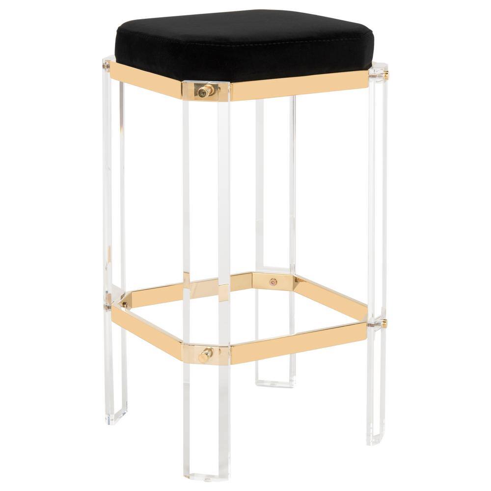 Black Acrylic and Brass Backless Bar Stool