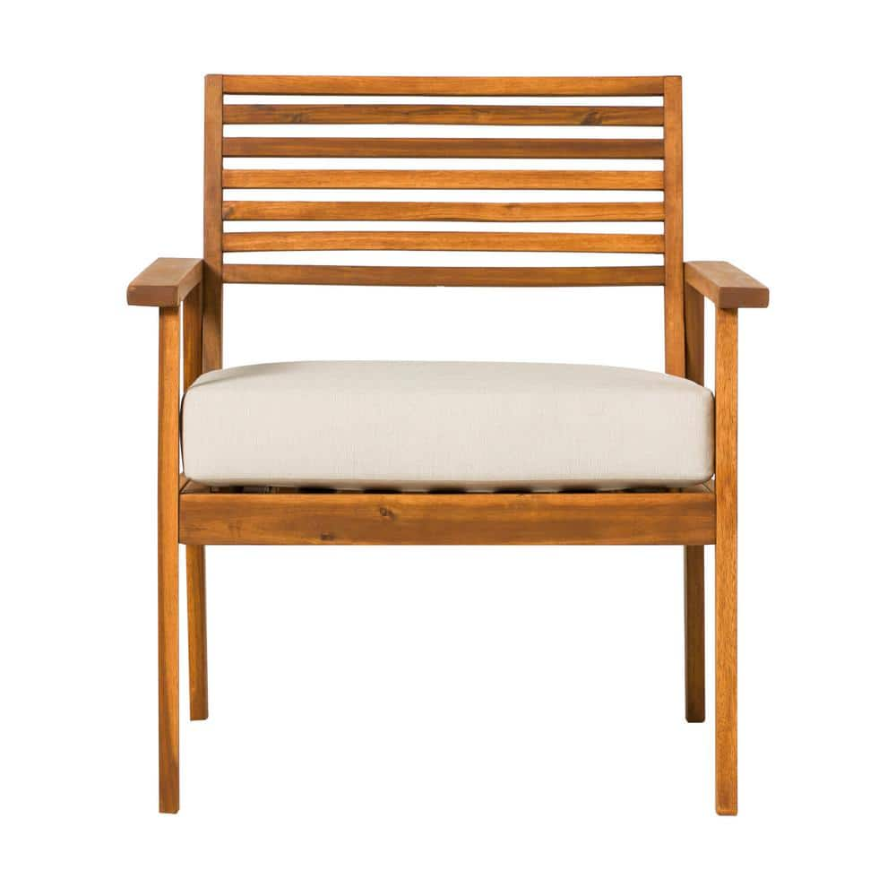 Welwick Designs Brown Slatted Acacia Mid Century Modern Outdoor Lounge Chair With Bisque Cushion 6608