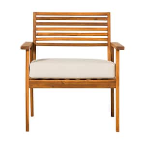 Brown Slatted Acacia Mid-Century Modern Outdoor Lounge Chair with Bisque Cushion