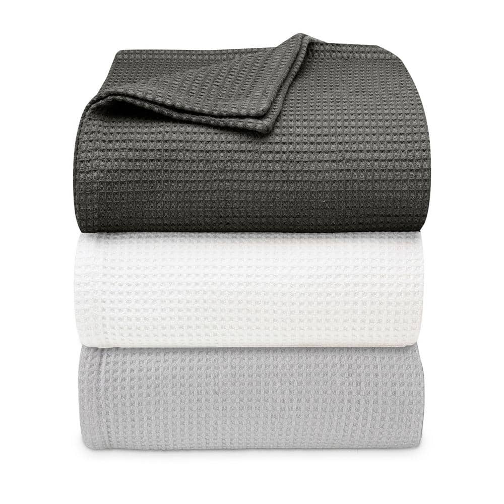 Waffleweave Soft Grey Cotton Twin Blanket with Reversible Knit