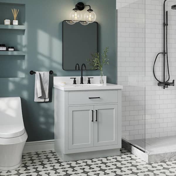 ARIEL Hepburn 30 in. W x 22 in. D x 36 in. H Bath Vanity in Grey with White Pure Quartz Vanity Top with White Basin