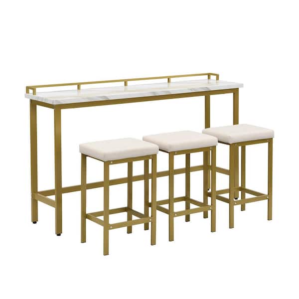 FORCLOVER 4-Piece Faux Marble MDF White Wood Top Counter Height Dining Room Set Bar Table Set with 3-Stools