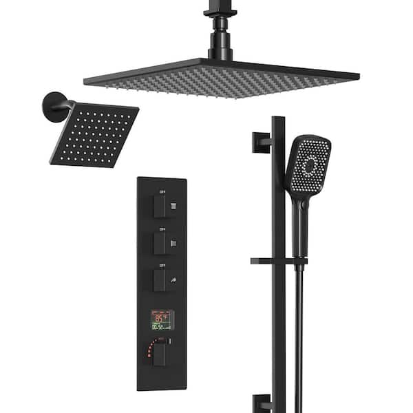 LED 4-Handle Rain 2-Spray Square 12 in. Dual Shower Head Ceiling Mount Fixed Handheld Shower Head in Matte Black 2.5GMP