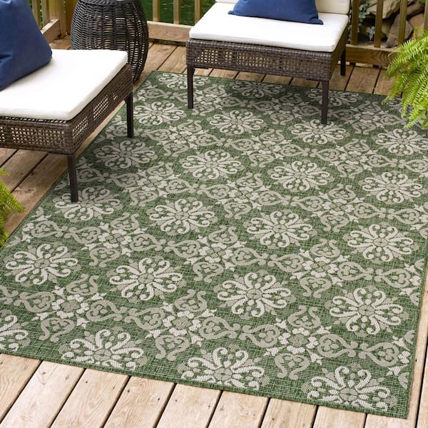 Amora Traditional Mediterranean Tile Design Green/Cream 5 ft. x 8 ft. Indoor/Outdoor Area Rug