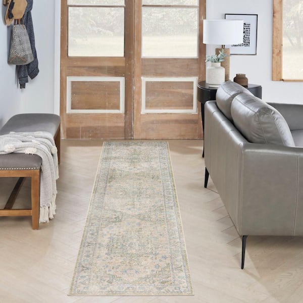 Astra Machine Washable Blue Green 2 ft. x 10 ft. Center medallion Traditional Runner Area Rug