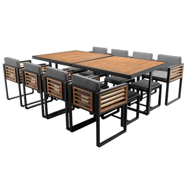 HomeAura 18-Piece Acacia Wood Patio Outdoor Dining Set with 8 Ottomansand 8 Chairs with Gray Cushions