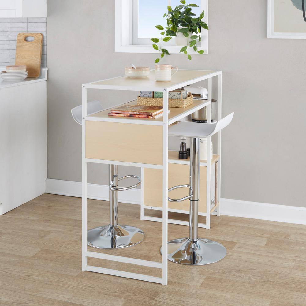 Chrome and White Adjustable Bar Set with Natural Wood Table
