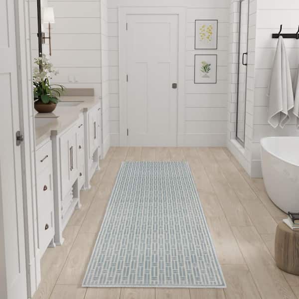 Washable Charm Blue Ivory 2 ft. x 10 ft. Geometric Contemporary Runner Area Rug