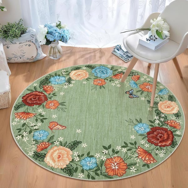 Wavy Edge Decorative Machine Washable Vintage Floral Printed Carpet for Bedroom Apartment Green 4 ft. x 4 ft. Area Rug