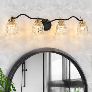 37 in. 4-Light Black And Gold Bathroom Vanity Light Fixture with Textured Glass Shade