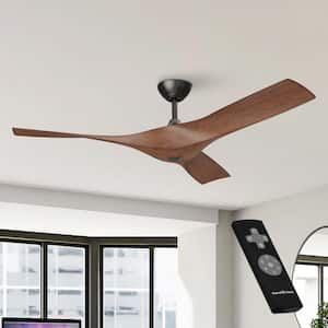 52 in. Modern Black Downrod Ceiling Fan with 6 Speed Remote Control, DC Motor and 3 Walnut ABS Blades