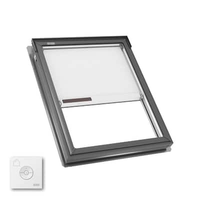 30-1/16 in. x 37-7/8 in. Fixed Deck Mount Skylight w/ Laminated Low-E3 Glass, White Solar Powered Room Darkening Shade