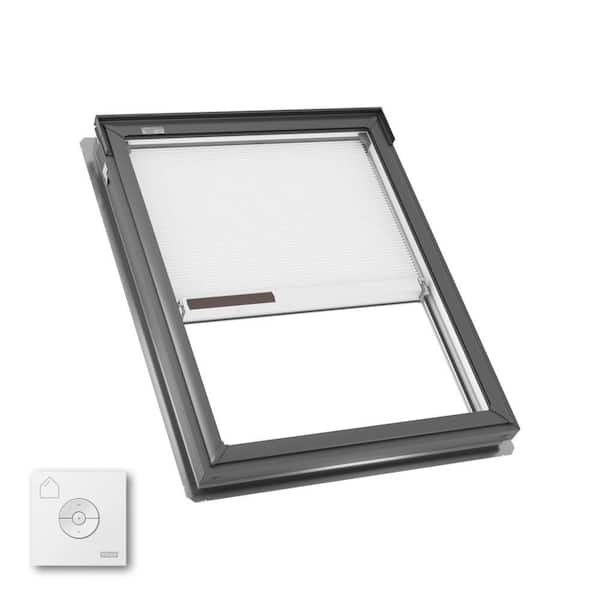 30-1/16 in. x 37-7/8 in. Fixed Deck Mount Skylight w/ Laminated Low-E3 Glass, White Solar Powered Room Darkening Shade