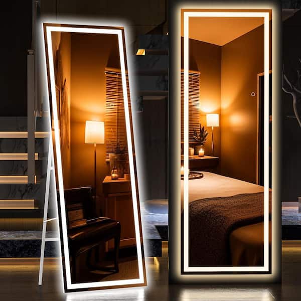Hasipu 20 in. W x 65 in. H Rectangle White Frame LED Floor Mirror, Full Body Dressing Standing Mirror, Hanging Mounted Mirror