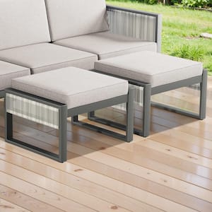 SquareChic Metal and Light Beige Wicker Outdoor Ottoman with Olefin Gray Cushion (2-Pack)