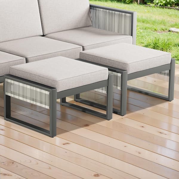 SquareChic Metal and Light Beige Wicker Outdoor Ottoman with Olefin Gray Cushion (2-Pack)
