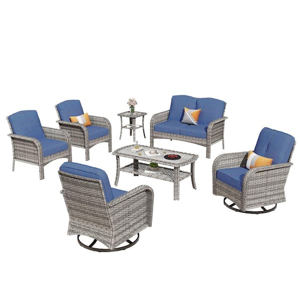 Meiss Gray 7-Piece Wicker Patio Conversation Set with Denim Blue Cushions and Swivel Chairs