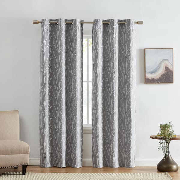Elrene Sterling White Polyester Embroidered Branch Motif 37 in. W x 84 in. L Grommet Top Indoor Blackout Curtains (Set of 2)