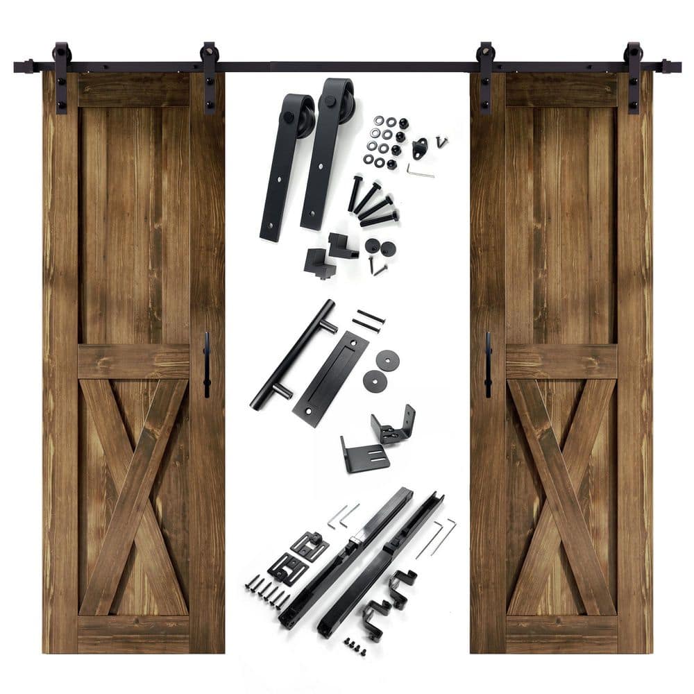 28 in. x 84 in. X-Frame Walnut Double Pine Wood Interior Sliding Barn Door with Hardware Kit Non-Bypass price history on PriceWatchPro