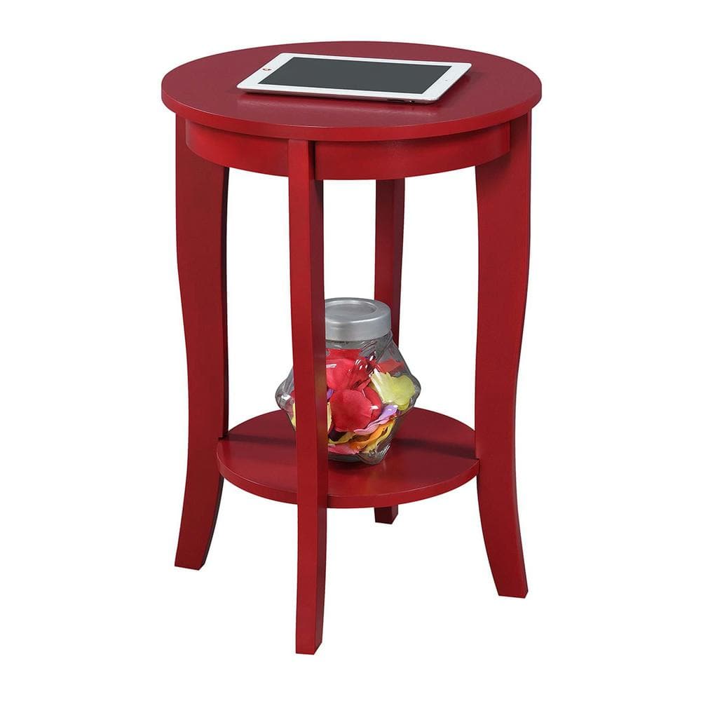 Cranberry Red Round Wooden End Table with Storage Shelf