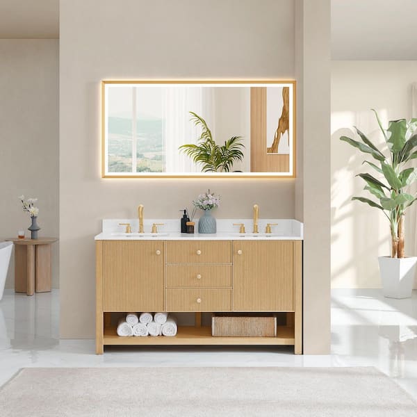 Cecil 60 in. Double Freestanding White Oak Bath Vanity with Grain White Engineered Stone Top Assembled