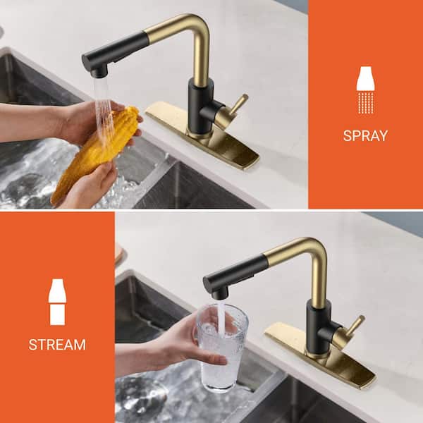 Single Handle Pull Down Sprayer Kitchen Faucet with Pull Out Spray Wand in Black Gold