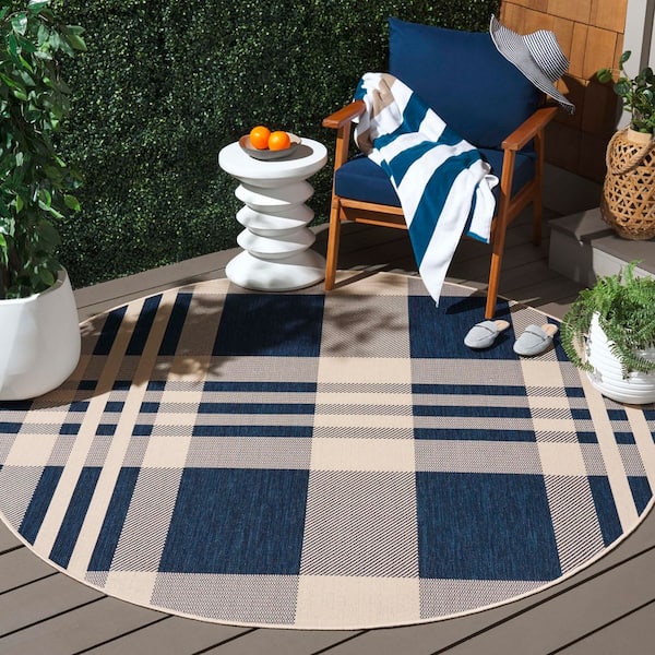 Courtyard Navy/Beige 4 ft. x 4 ft. Plaid Indoor/Outdoor Round Area Rug