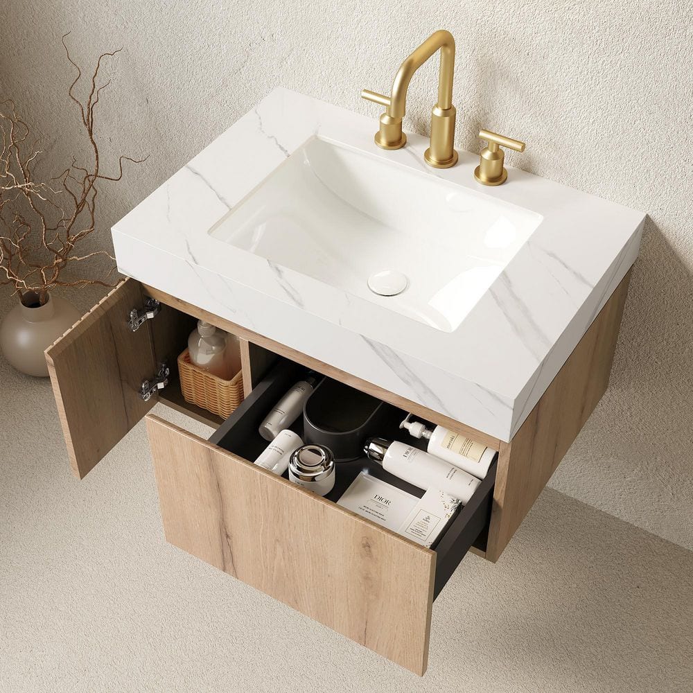 30 in. W x 19 in. D x 18 in. H Single Sink Floating Bath Vanity in White Oak with White Sintered Stone Top price history on PriceWatchPro
