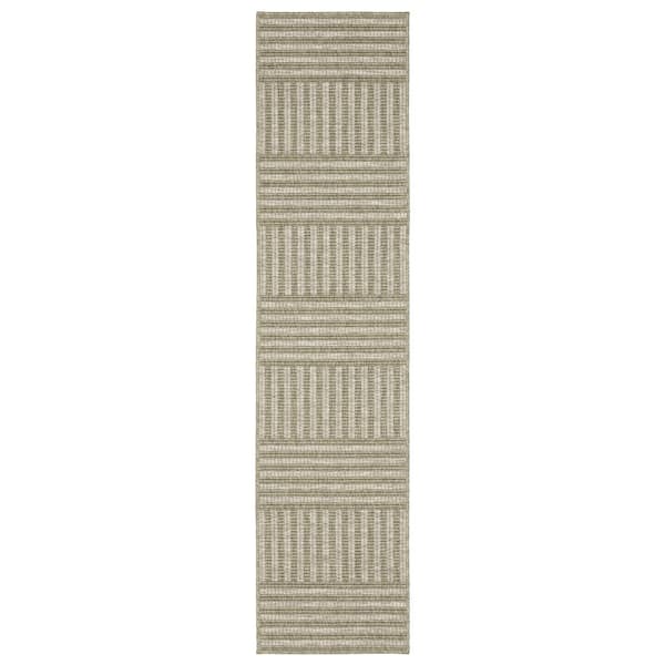 Thrasher Beige 2 ft. x 8 ft. Geometric Varied Stripe Polypropylene Indoor/Outdoor Runner Area Rug