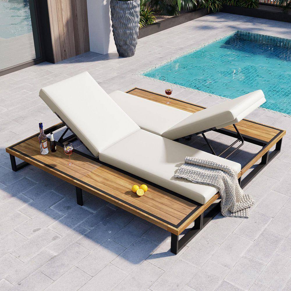 2-Piece Brown Acacia Wood Outdoor Chaise Lounge with Beige Cushions, 5-Position Adjustable Backrest, Wood Side Table