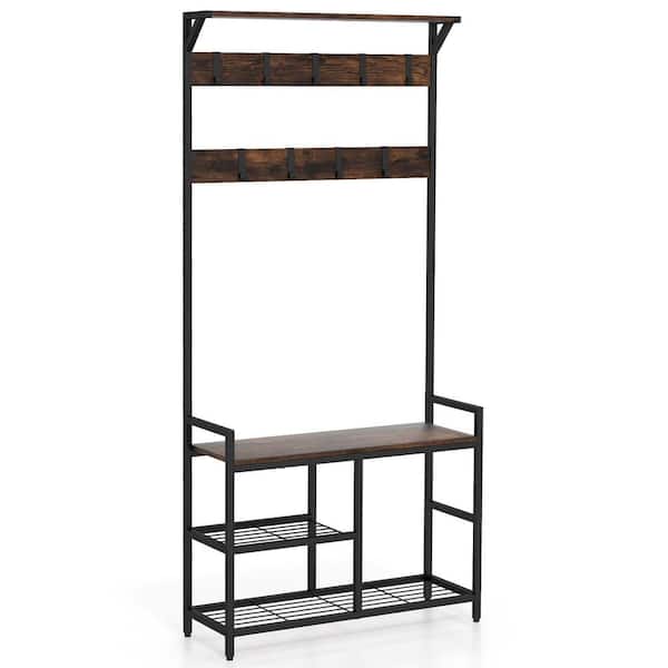 Costway Rustic Brown 71 in. Coat Rack Hall Tree with Shoe Bench Industrial Entryway Storage Shelf with Hooks
