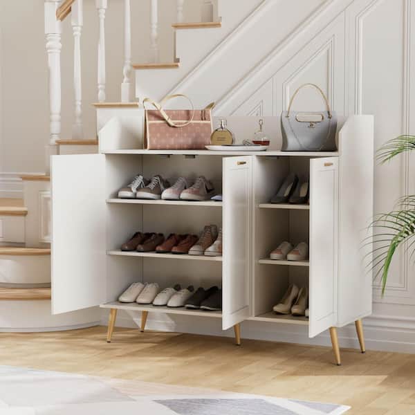 VECELO 3-Tier Shoe Cabinet with Adjustable Shelves, White 42.12 in. Accent Cabinet with Side Hooks & Storage for Entryway