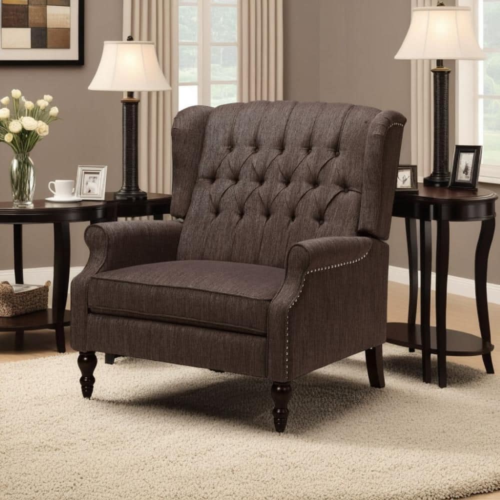 Brown Tufted Wingback Oversized Recliner with Nailhead Trim