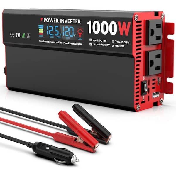 1000 Watt Power Inverter 12V DC to 110V/120V AC with LCD Display, 2-AC Outlets, USB Ports for Car, Truck, Home