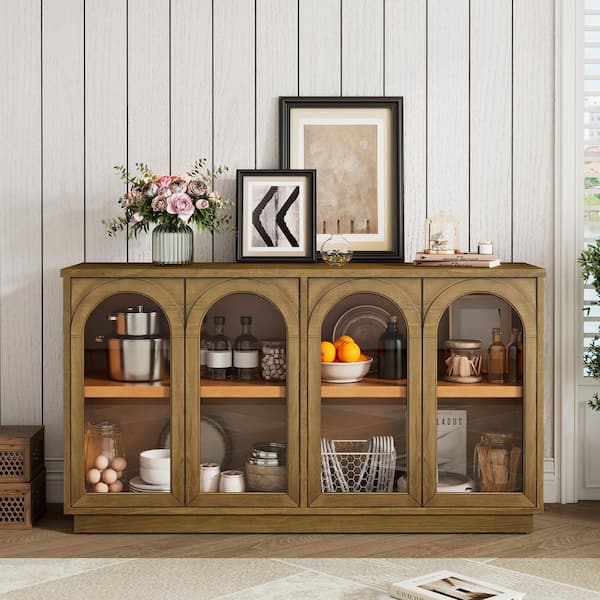Unbranded Old Pine Solid Wood 57.5 in. Large Sideboard Buffet Cabinet with Glass Doors Adjustable Shelves Arched Storage Cabinet