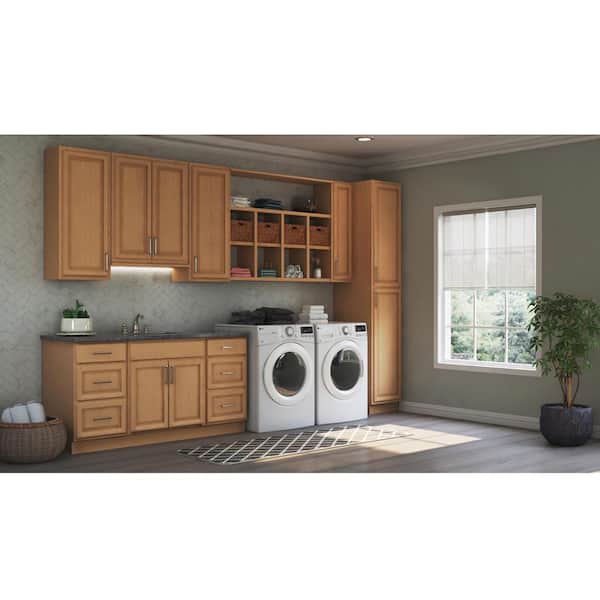 Cabinet for washing machine and dryer, with pull-out shelf, oak