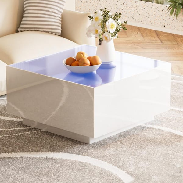 27.56 in. White Square MDF Coffee Table with 16-Color LED Strip Lights