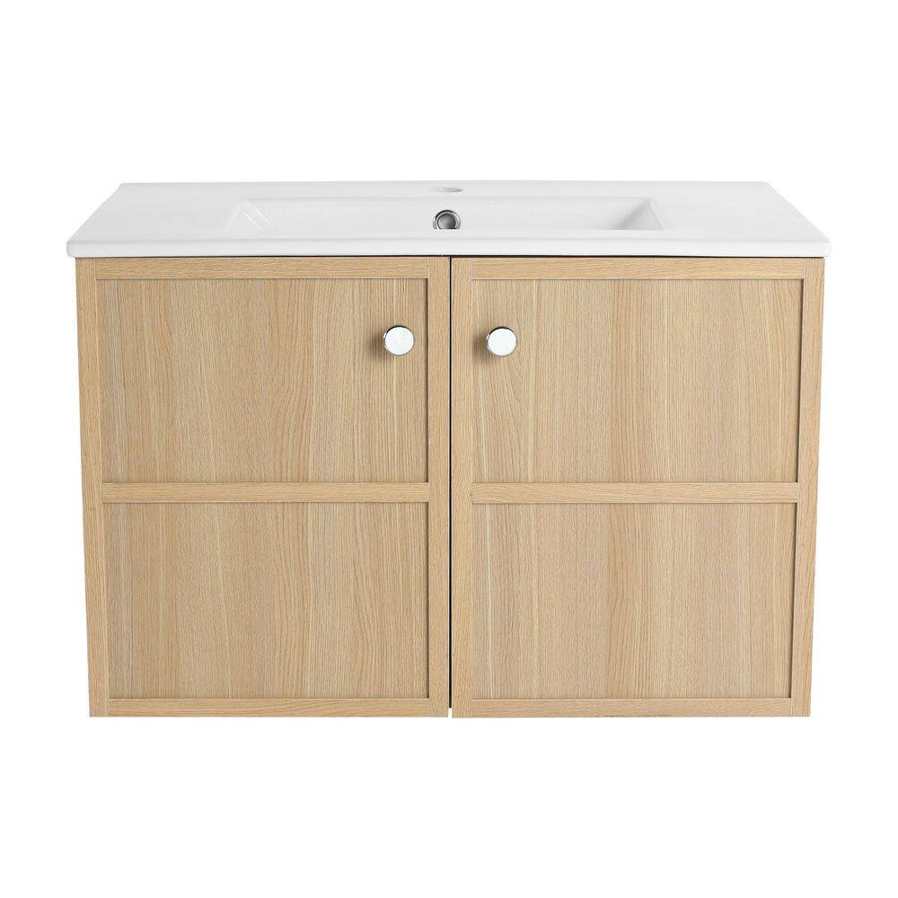 30 in. Wall-Mounted Oak Bath Vanity with White Ceramic Top Unassembled price history on PriceWatchPro